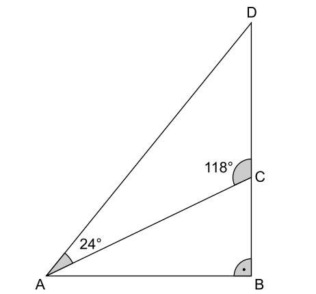 Geometrische Skizze mit Punkten A, B, C und D sowie eingezeichneten Winkeln 24° und 118°